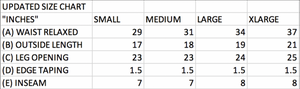 Updated size chart of D'PAT HOOP SHORTS.