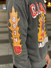 Load image into Gallery viewer, Right side view of our GOAT CURRY CREW NECK SWEATER featuring the ball on fire with Stephen Curry&#39;s all time points.